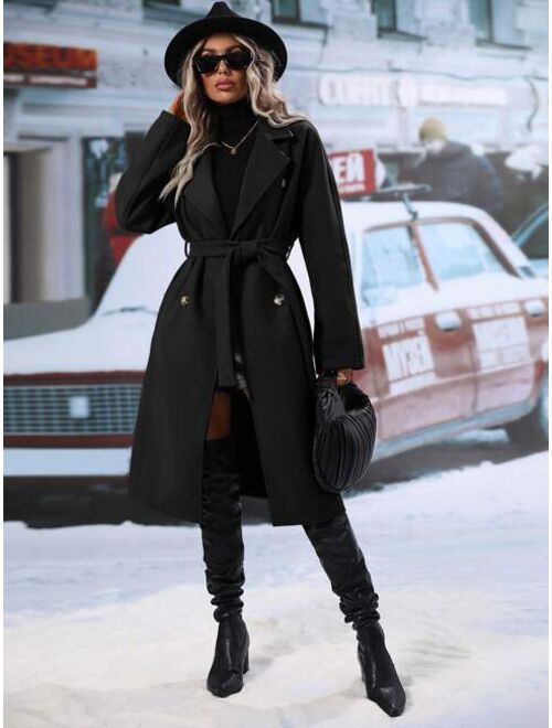 SHEIN Frenchy Lapel Neck Double Breasted Belted Overcoat