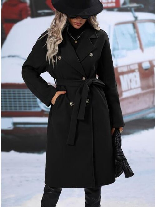 SHEIN Frenchy Lapel Neck Double Breasted Belted Overcoat
