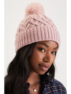 Chilly Day Charm Rose Pink Cable Knit Pom Pom Beanie