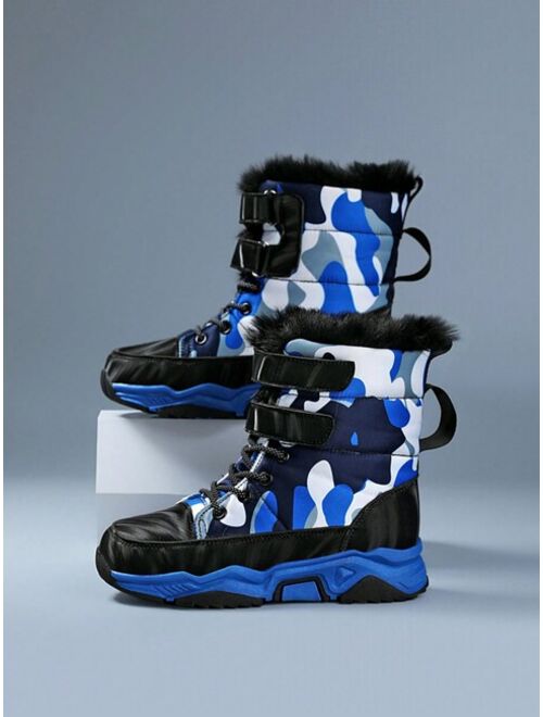 Shein Boys' Winter Sports Magic Tape Non Slippery, Warm, High Top Snow Camouflage Boots