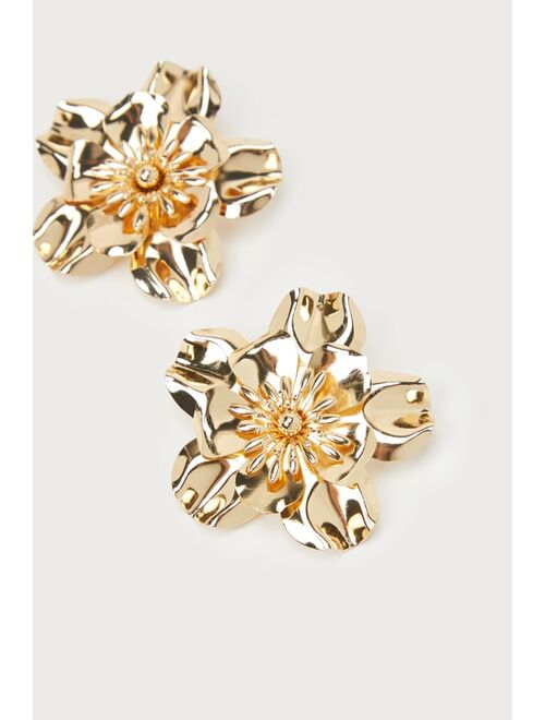 Lulus Blooming Glory Gold Flower Statement Earrings