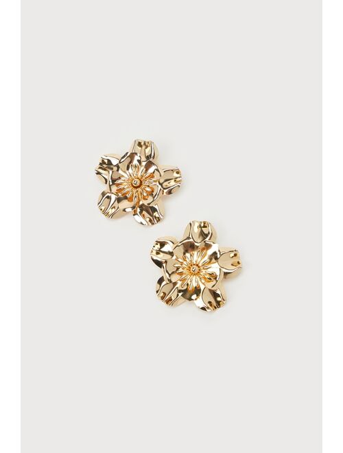 Lulus Blooming Glory Gold Flower Statement Earrings