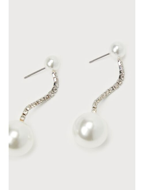 Lulus Stunning Design Silver Pearl Rhinestone Drop Earrings