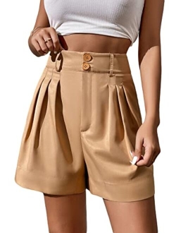Women's High Waisted PU Leather Shorts Roll Hem Shorts with Pockets