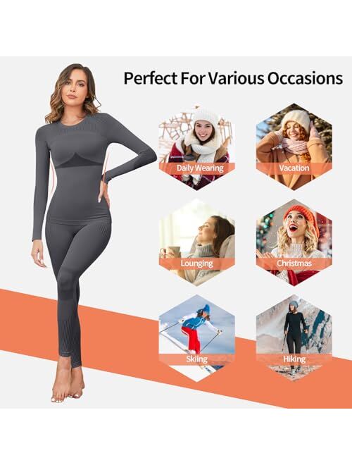 V FOR CITY Women's Thermal Underwear Long Johns Seamless Base Layer Cold Weather Long Sleeve Sets Top Bottoms