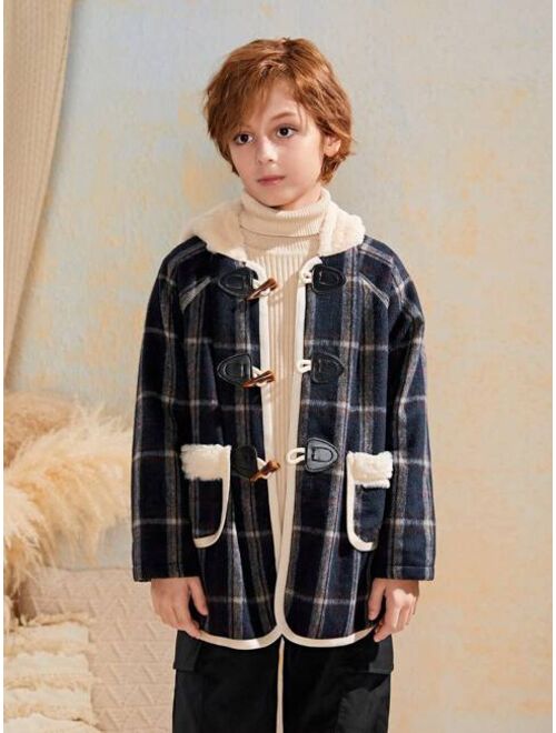 SHEIN Tween Boy Plaid Print Contrast Binding Duffle Button Front Overcoat