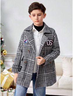 Tween Boy Letter Patched Plaid Double Breasted Overcoat for Christmas