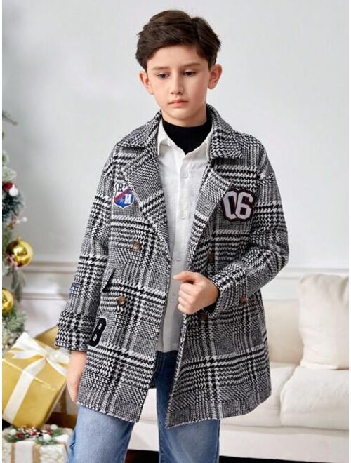 SHEIN Tween Boy Letter Patched Plaid Double Breasted Overcoat for Christmas