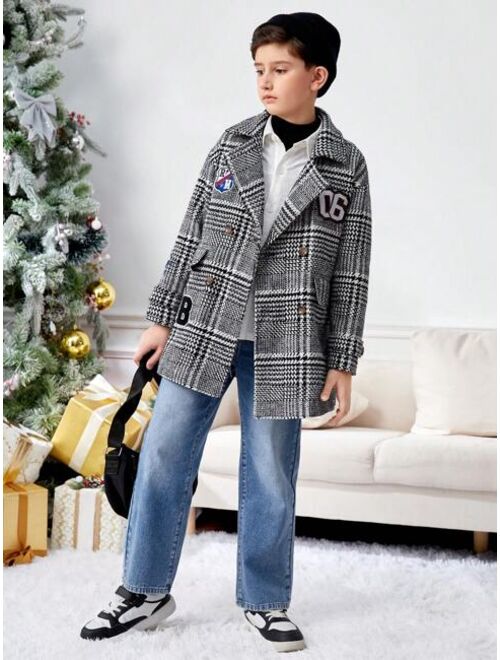 SHEIN Tween Boy Letter Patched Plaid Double Breasted Overcoat for Christmas
