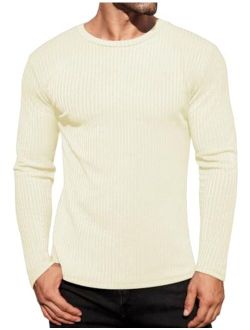 Men's Long Sleeve Shirts Ribbed Pullover Sweater Sim Fit Thermal Tops Crew Neck Stretchy Undershirts S-XXL