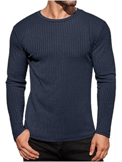 Men's Long Sleeve Shirts Ribbed Pullover Sweater Sim Fit Thermal Tops Crew Neck Stretchy Undershirts S-XXL