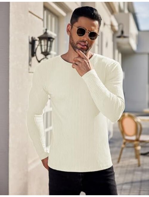 Ekouaer Men's Long Sleeve Shirts Ribbed Pullover Sweater Sim Fit Thermal Tops Crew Neck Stretchy Undershirts S-XXL