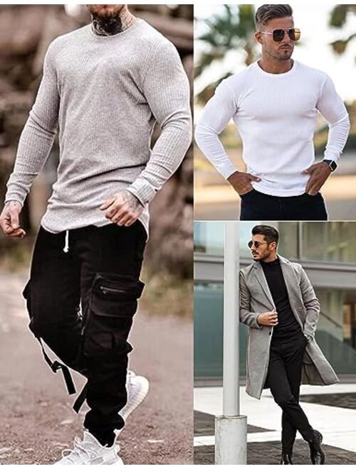 Ekouaer Men's Long Sleeve Shirts Ribbed Pullover Sweater Sim Fit Thermal Tops Crew Neck Stretchy Undershirts S-XXL