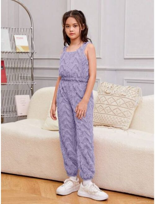 SHEIN Kids HYPEME Big Girls' Personalized Sporty Knit Double-sided Fleece Hoodie, Vest And Cuffed Pants Set