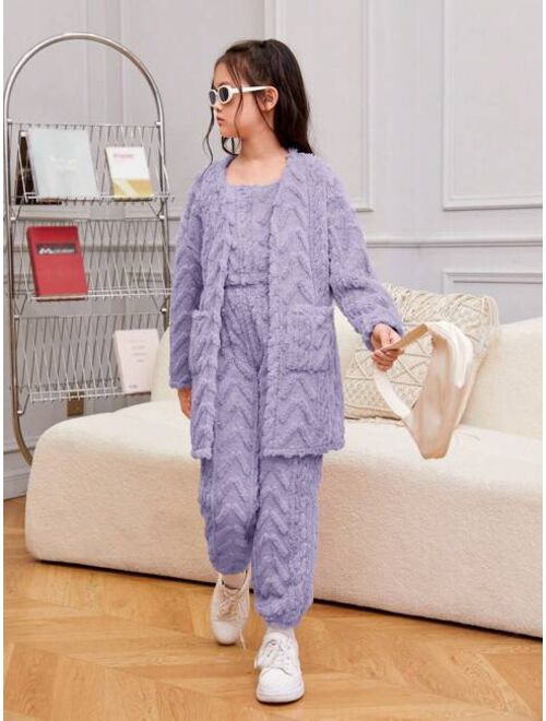 SHEIN Kids HYPEME Big Girls' Personalized Sporty Knit Double-sided Fleece Hoodie, Vest And Cuffed Pants Set