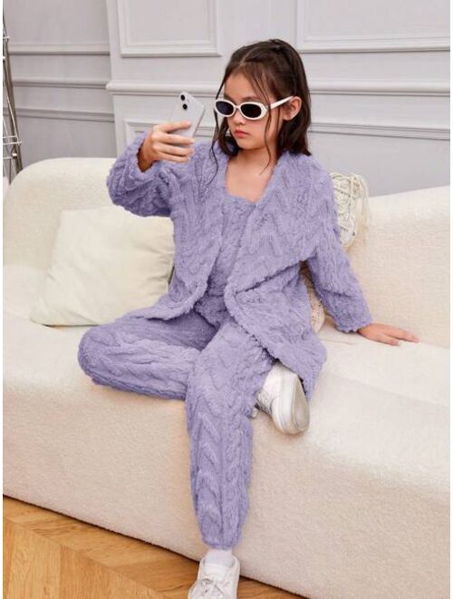 SHEIN Kids HYPEME Big Girls' Personalized Sporty Knit Double-sided Fleece Hoodie, Vest And Cuffed Pants Set