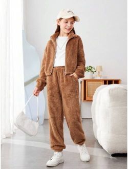 SHEIN Kids EVRYDAY Girls' Knitted Plain Fleece Lapel Short-sleeve Cardigan Top & Shorts Plus Knitted Plush Wide-leg Pants 2pcs Set