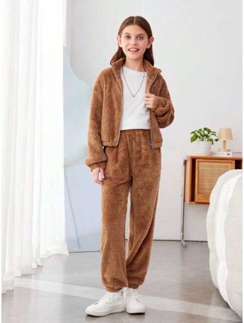 SHEIN Kids EVRYDAY Girls' Knitted Plain Fleece Lapel Short-sleeve Cardigan Top & Shorts Plus Knitted Plush Wide-leg Pants 2pcs Set