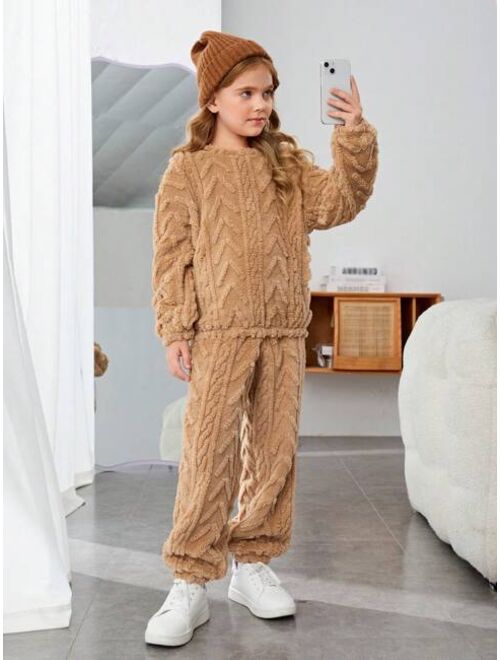 SHEIN Tween Girl Solid Drop Shoulder Teddy Pullover & Pants