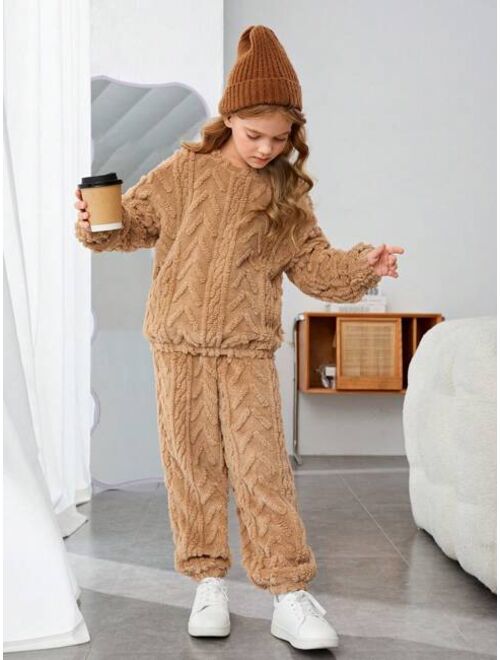 SHEIN Tween Girl Solid Drop Shoulder Teddy Pullover & Pants