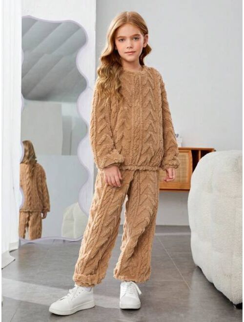 SHEIN Tween Girl Solid Drop Shoulder Teddy Pullover & Pants