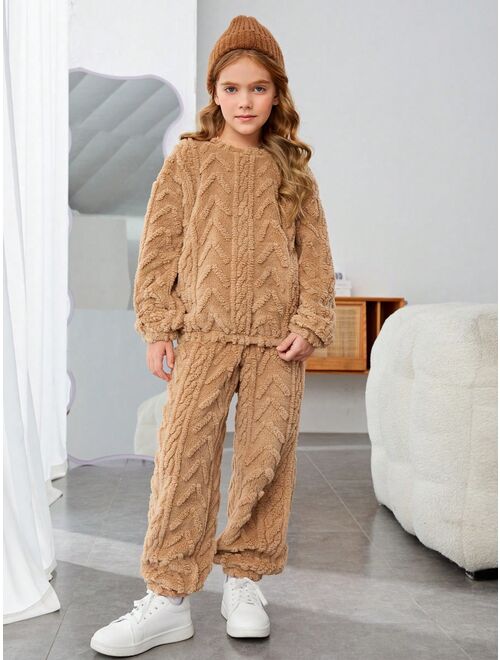 SHEIN Tween Girl Solid Drop Shoulder Teddy Pullover & Pants