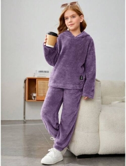 Tween Girl Letter Patched Drop Shoulder Flannel Hoodie & Pants