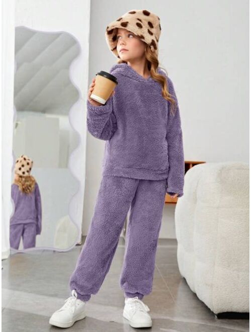 SHEIN Tween Girl Letter Patched Drop Shoulder Flannel Hoodie & Pants