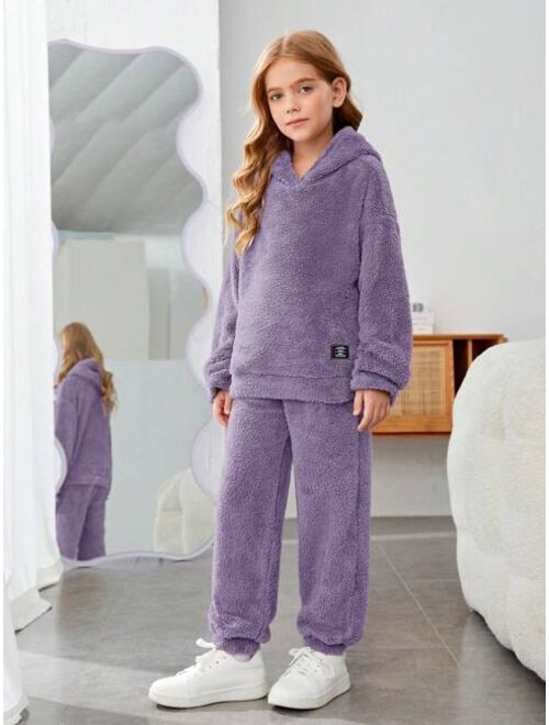 SHEIN Tween Girl Letter Patched Drop Shoulder Flannel Hoodie & Pants