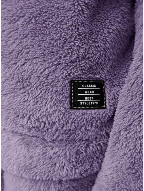 SHEIN Tween Girl Letter Patched Drop Shoulder Flannel Hoodie & Pants