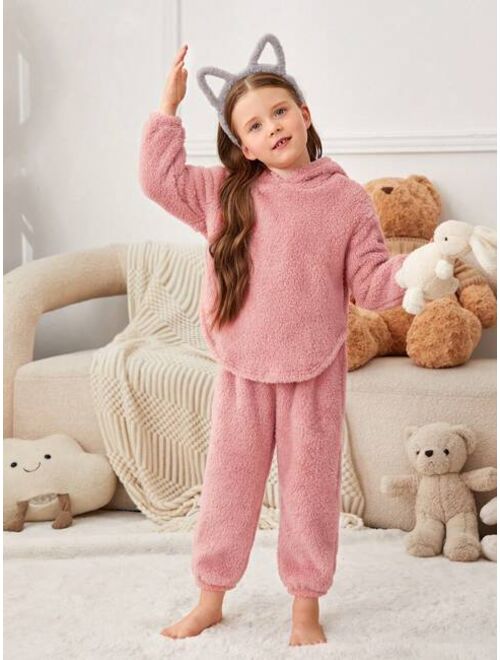 SHEIN Young Girl Solid Teddy Hoodie & Pants