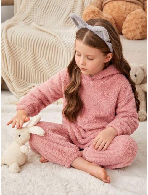 SHEIN Young Girl Solid Teddy Hoodie & Pants