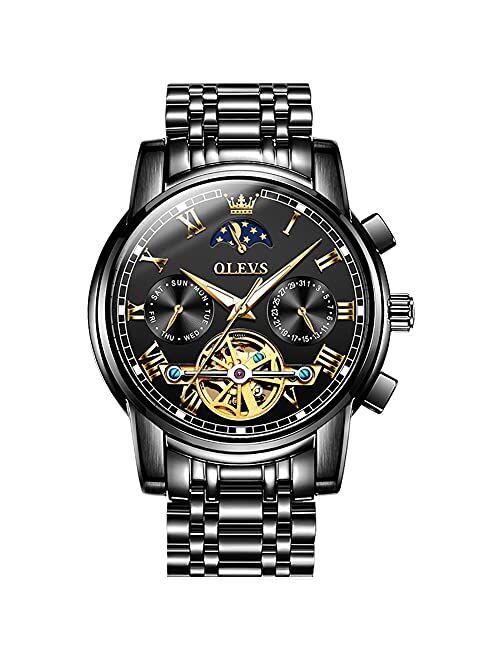 OLEVS Mens Watch Automatic Mechanical Tourbillon Self Winding Luxury Stainless Steel Waterproof Luminous Date Wrist Watch