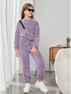 Tween Girl Drop Shoulder Teddy Pullover & Pants & Bag