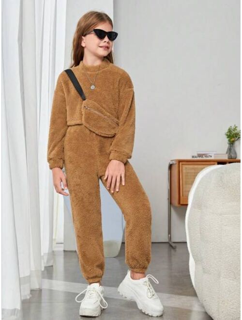 SHEIN Tween Girl Drop Shoulder Teddy Pullover & Pants & Bag