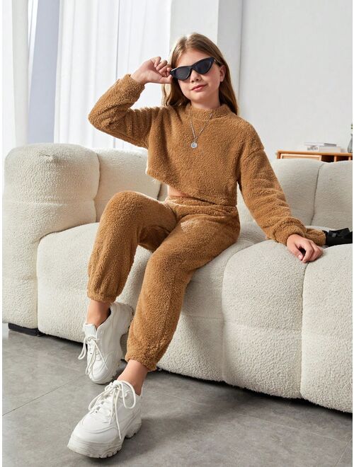 SHEIN Tween Girl Drop Shoulder Teddy Pullover & Pants & Bag