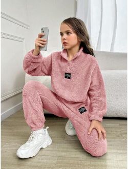 SHEIN Kids HYPEME Girls' Cool Knitted Solid Color Stand Collar Two-sided Fleece Half-open Front Long Sleeve Outfit