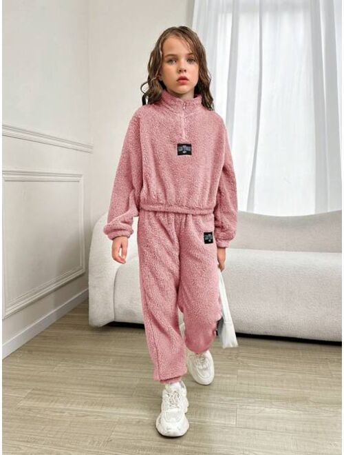 SHEIN Kids HYPEME Girls' Cool Knitted Solid Color Stand Collar Two-sided Fleece Half-open Front Long Sleeve Outfit