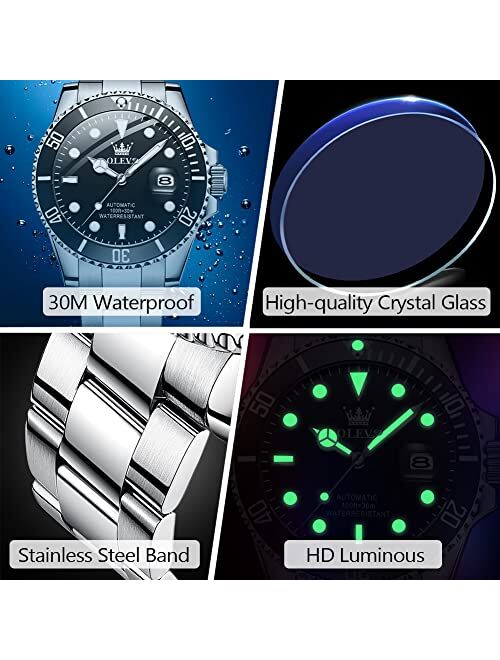 OLEVS Automatic Watch for Men, Big Face Business Casual Men's Self Winding Watch with Date, Classic Rotatable Bezel Luminous Waterproof Dress Watch for Men, Stainless Ste
