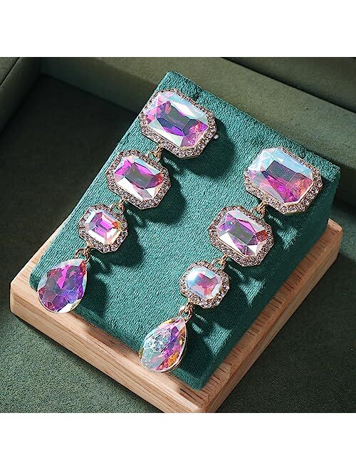 Met-edianger Vintage Rhinestone Drop Dangle Earrings Statement Crystal Dangling Earrings Rectangle Teardrop Chandelier Earrings for Women Girls