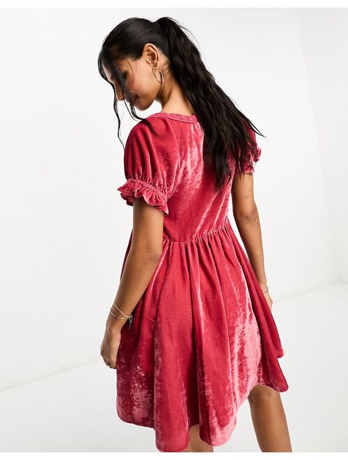 ASOS DESIGN velvet prairie mini dress with ribbon trim in dark rose