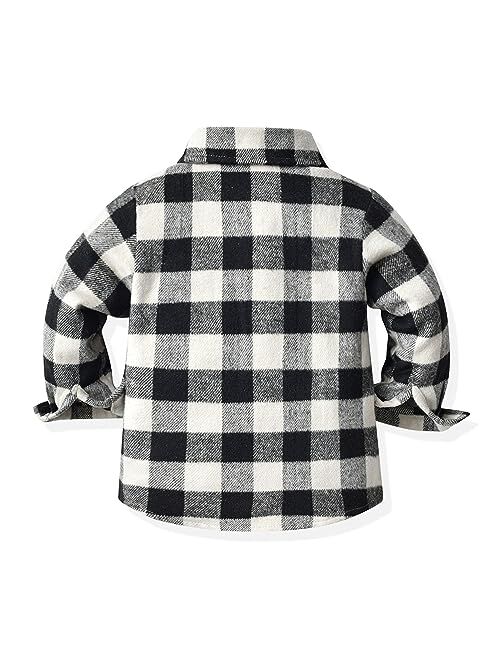 ALLureLove Toddler Boys' Girls' Flannel Plaid Shirt Button Down Long Sleeve Jacket Lapel Shacket Coat Tops Casual Outwear