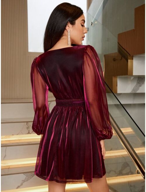 SHEIN BAE Contrast Mesh Lantern Sleeve Velvet Dress