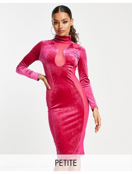 Simmi Clothing Simmi Petite velvet and mesh paneled midi bodycon dress in pink