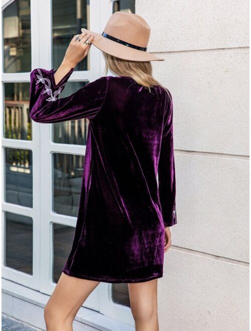 Rusttydustty Velvet Embroidery Tunic Dress Without Belt