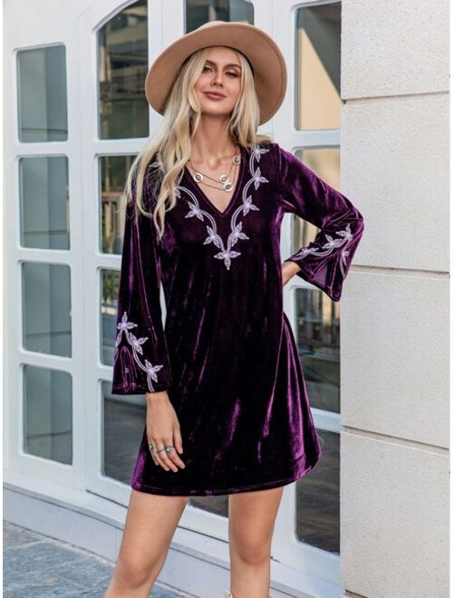 Rusttydustty Velvet Embroidery Tunic Dress Without Belt