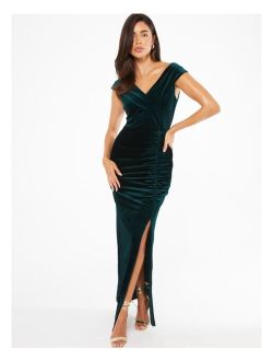 QUIZ Women's Velvet Bardot Ruched Maxi Dress