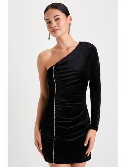 Rare Elegance Black Velvet Rhinestone One-Shoulder Mini Dress