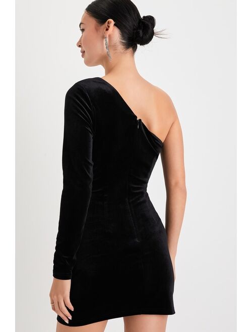 Lulus Rare Elegance Black Velvet Rhinestone One-Shoulder Mini Dress
