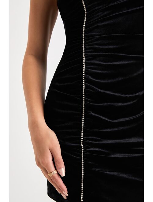 Lulus Rare Elegance Black Velvet Rhinestone One-Shoulder Mini Dress